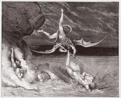Božská komedie (La Divina Commedia, La Divine Comedie), Inferno, Canto 22: Ciampolo uniká démonu Alichino v páté Bolgii - Dante Alighieri (1265-1321) - Ilustrace Gustave Dore (1832-1883) od Gustave Dore