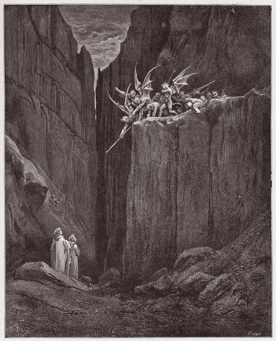 Božská komedie (La Divina Commedia, La Divine Comedie), Inferno, Canto 23: Básníci unikají démonům páté bolgie - Dante Alighieri (1265-1321) - Ilustrace Gustave Dore (1832-1883) od Gustave Dore