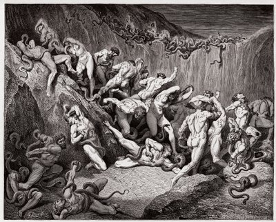 Božská komedie (La Divina Commedia, La Divine Comedie), Inferno, Canto 24: Zloději mučení hady - Dante Alighieri (1265-1321) - Ilustrace Gustave Dore (1832-1883) od Gustave Dore