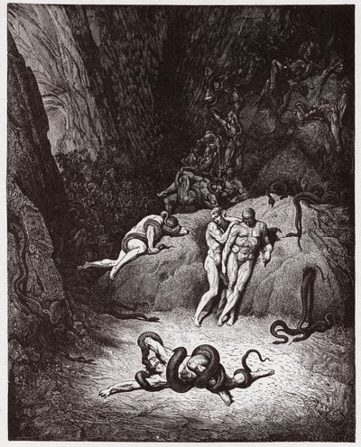 Božská komedie (La Divina Commedia, La Divine Comedie), Inferno, Canto 25: Agnello proměňující se v hada - Dante Alighieri (1265-1321) - Ilustrace Gustave Dore (1832-1883) od Gustave Dore