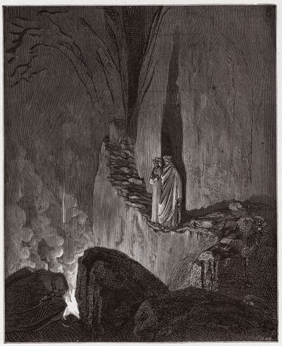 Božská komedie (La Divina Commedia, La Divine Comedie), Inferno, Canto 26: Planoucí duchové Odyssea a Diomeda - Dante Alighieri (1265-1321) - Ilustrace Gustave Dore (1832-1883) od Gustave Dore
