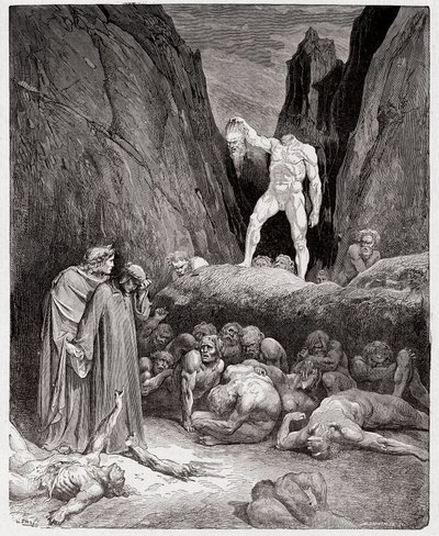 Božská komedie (La Divina Commedia, La Božská komedie), Inferno, Canto 28: Uťatá hlava Bertranda de Borna mluví s Dantem - Dante Alighieri (1265-1321) - Ilustrace Gustave Dore (1832-1883) od Gustave Dore