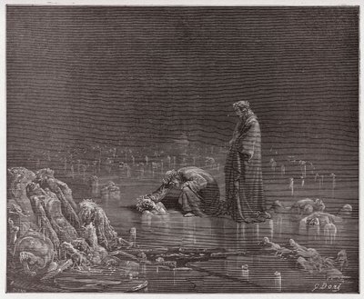 Božská komedie (La Divina Commedia, La Divine Comedie), Inferno, Canto 32: Dante oslovuje zrádce Bocca degli Abati - od Dante Alighieri (1265-1321) - ilustrace Gustave Dore (1832-1883) od Gustave Dore