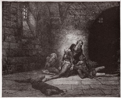 Božská komedie (La Divina Commedia, La Divine Comedie), Inferno, Canto 33: Gaddo umírá před očima svého otce - Dante Alighieri (1265-1321) - Ilustrace Gustave Dore (1832-1883) od Gustave Dore