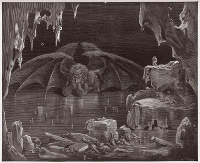 Božská komedie (La Divina Commedia, La Divine Comedie), Inferno, Canto 34: Lucifer, král pekel, zmrazený v ledu - Dante Alighieri (1265-1321) - Ilustrace Gustave Dore (1832-1883) od Gustave Dore