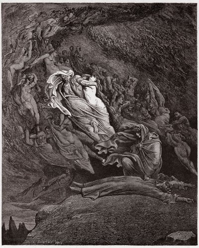 Božská komedie (La Divina Commedia, La Divine Comedie), Inferno, Canto 5: Francesca popisuje svou smrt - Dante Alighieri (1265-1321) - Ilustrace Gustave Dore (1832-1883) od Gustave Dore