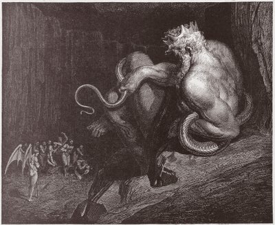 Božská komedie (La Divina Commedia, La Divine Comedie), Inferno, Canto 5: Minos soudí provinění a posílá duše - Dante Alighieri (1265-1321) - Ilustrace Gustave Dore (1832-1883) od Gustave Dore
