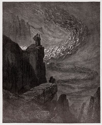 Božská komedie (La Divina Commedia, La Divine Comedie), Inferno, Canto 5: Minos soudí provinění a posílá duše - Dante Alighieri (1265-1321) - Ilustrace Gustave Dore (1832-1883) od Gustave Dore