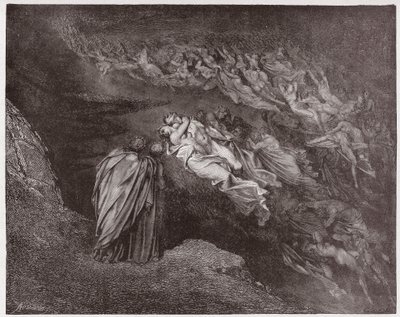 Božská komedie (La Divina Commedia, La Divine Comedie), Inferno, Canto 5: Duše Francescy promlouvá k Dantemu - od Dante Alighieri (1265-1321) - Ilustrace Gustave Dore (1832-1883) od Gustave Dore