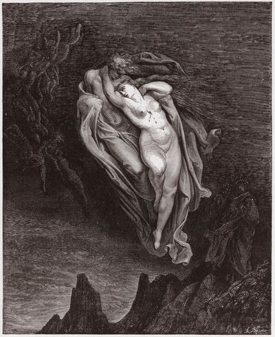 Božská komedie (La Divina Commedia, La Divine Comedie), Inferno, Canto 5: Duše Paola a Francescy - od Dante Alighieri (1265-1321) - ilustrace Gustave Dore (1832-1883) od Gustave Dore
