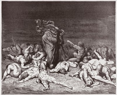 Božská komedie (La Divina Commedia, La Divine Comedie), Inferno, Canto 6: Lakomci bičovaní věčným deštěm - Dante Alighieri (1265-1321) - Ilustrace Gustave Dore (1832-1883) od Gustave Dore