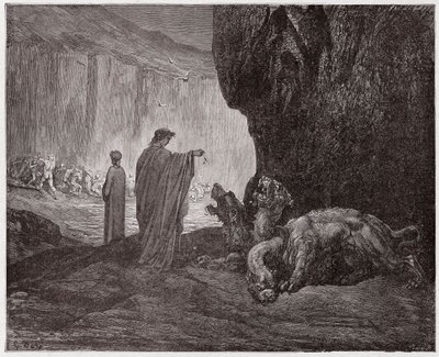Božská komedie (La Divina Commedia, La Divine Comedie), Inferno, Canto 6: Virgil krmí Cerbera ve třetím kruhu - Dante Alighieri (1265-1321) - Ilustrace Gustave Dore (1832-1883) od Gustave Dore