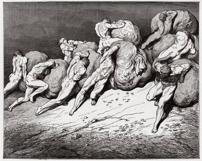 Božská komedie (La Divina Commedia, La Divine Comedie), Inferno, Canto 7: Duše lakomých a marnotratných přinucených válet těžké kameny - Dante Alighieri (1265-1321) - Ilustrace Gustave Dore (1832-1883) od Gustave Dore
