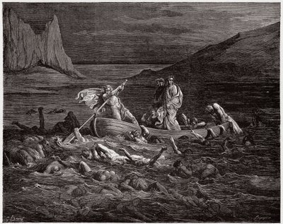 Božská komedie (La Divina Commedia, La Divine Comedie), Inferno, Canto 8: Phlegyas převozy Danteho a Virgila přes Styx - od Dante Alighieri (1265-1321) - ilustrace Gustave Dore (1832-1883) od Gustave Dore