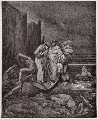 Božská komedie (La Divina Commedia, La Divine Comedie), Inferno, Canto 8: Duše Florenťana Philippa Argentiho obtěžuje básníky na Styxu - Dante Alighieri (1265-1321) - Ilustrace Gustave Dore (1832-1883) od Gustave Dore