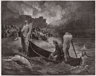 Božská komedie (La Divina Commedia, La Božská komedie), Inferno, Canto 8: Virgil a Dante se vyloďují v citadele Dis - Dante Alighieri (1265-1321) - Ilustrace Gustave Dore (1832-1883) od Gustave Dore