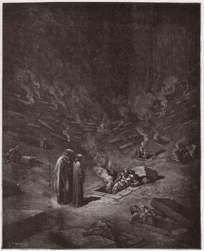 Božská komedie (La Divina Commedia, La Divine Comedie), Inferno, Canto 9: Hořící hroby hereziarchů - Dante Alighieri (1265-1321) - Ilustrace Gustave Dore (1832-1883) od Gustave Dore