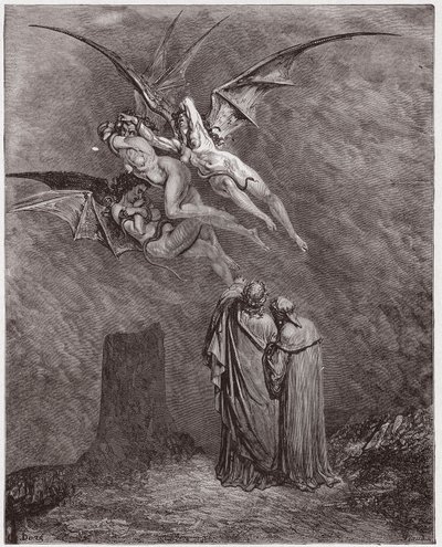 Božská komedie (La Divina Commedia, La Divine Comedie), Inferno, Canto 9: Hrozný Erinyes: Megaera, Tisphone, Alecto - Dante Alighieri (1265-1321) - Ilustrace Gustave Dore (1832-1883) od Gustave Dore