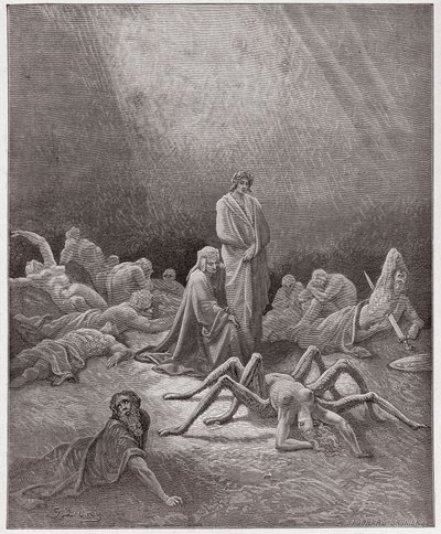 Božská komedie (La Divina Commedia, La Divine Comedie), Purgatorio, Canto 12: Dante nahlíží do duše Arachne - od Dante Alighieri (1265-1321) - Ilustrace Gustave Dore (1832-1883) od Gustave Dore