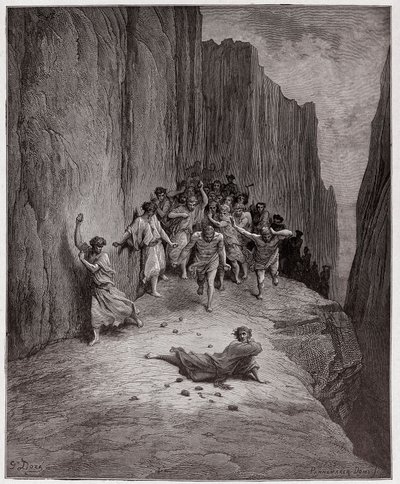 Božská komedie (La Divina Commedia, La Divine Comedie), Purgatorio, Canto 15: Danteho vize ukamenování Štěpána - od Dante Alighieriho (1265-1321) - ilustrace Gustave Dore (1832-1883) od Gustave Dore