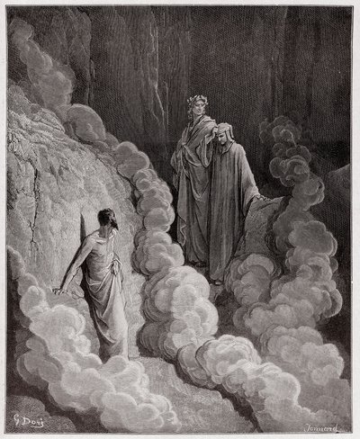 Božská komedie (La Divina Commedia, La Divine Comedie), Purgatorio, Canto 16: Dante promlouvá k duši Marca Lombarda - od Dante Alighieri (1265-1321) - ilustrace Gustave Dore (1832-1883) od Gustave Dore