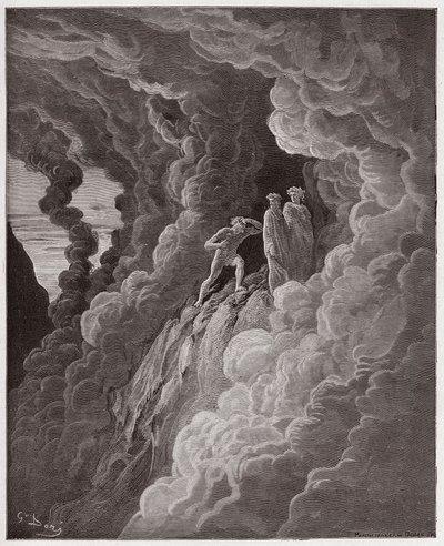 Božská komedie (La Divina Commedia, La Divine Comedie), Purgatorio, Canto 16: Marco Lombardo následuje básníky kouřem - Dante Alighieri (1265-1321) - Ilustrace Gustave Dore (1832-1883) od Gustave Dore