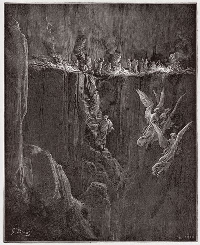 Božská komedie (La Divina Commedia, La Božská komedie), Purgatorio, Canto 25: Virgil a Dante stoupají do sedmého kruhu skrze plameny - od Dante Alighieri (1265-1321) - ilustrace Gustave Dore (1832-1883) od Gustave Dore