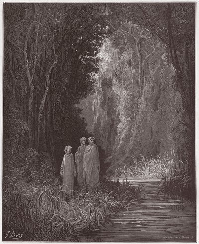 Božská komedie (La Divina Commedia, La Divine Comedie), Purgatorio, Canto 28: Dante, Virgil a Statius ve starověkém lese pozemského ráje - Dante Alighieri (1265-1321) - Ilustrace Gustave Dore (1832-1883 ) od Gustave Dore