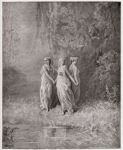 Božská komedie (La Divina Commedia, La Divine Comedie), Purgatorio, Canto 29: Charity, Hope, and Faith - od Dante Alighieri (1265-1321) - ilustrace Gustave Dore (1832-1883) od Gustave Dore