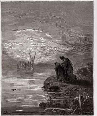 Božská komedie (La Divina Commedia, La Divine Comedie), Purgatorio, Canto 2: Dante se sklání před andělským pilotem - Dante Alighieri (1265-1321) - Ilustrace Gustave Dore (1832-1883) od Gustave Dore