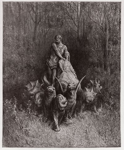Božská komedie (La Divina Commedia, La Divine Comedie), Purgatorio, Canto 32: Obr a nevěstka ve voze - Dante Alighieri (1265-1321) - Ilustrace Gustave Dore (1832-1883) od Gustave Dore