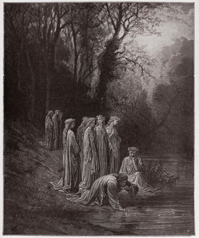 Božská komedie (La Divina Commedia, La Divine Comedie), Purgatorio, Canto 33: Dante nápoje z řeky Eunoe - od Dante Alighieri (1265-1321) - ilustrace Gustave Dore (1832-1883) od Gustave Dore