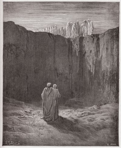 Božská komedie (La Divina Commedia, La Divine Comedie), Purgatorio, Canto 3: Společnost duší na útesu - Dante Alighieri (1265-1321) - Ilustrace Gustave Dore (1832-1883) od Gustave Dore