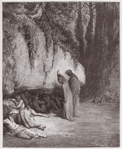 Božská komedie (La Divina Commedia, La Divine Comedie), Purgatorio, Canto 4: Indolent souls around the rock - Dante Alighieri (1265-1321) - Ilustrace Gustave Dore (1832-1883) od Gustave Dore