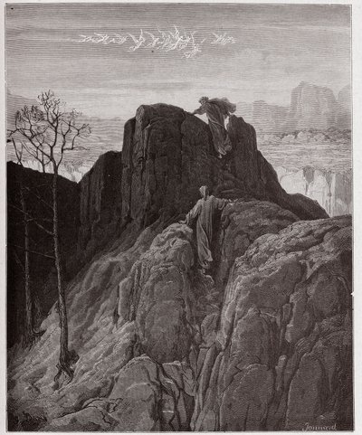 Božská komedie (La Divina Commedia, La Božská komedie), Purgatorio, Canto 4: Virgil vede Danteho po drsném úbočí hory - Dante Alighieri (1265-1321) - Ilustrace Gustave Dore (1832-1883) od Gustave Dore