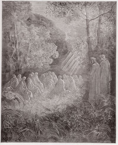 Božská komedie (La Divina Commedia, La Divine Comedie), Purgatorio, Canto 7: Duchové zpívající Salve Regina v dell - od Dante Alighieri (1265-1321) - Ilustrace Gustave Dore (1832-1883) od Gustave Dore