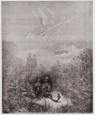 Božská komedie (La Divina Commedia, La Divine Comedie), Purgatorio, Canto 8: Andělé odhánějí hada - Dante Alighieri (1265-1321) - Ilustrace Gustave Dore (1832-1883) od Gustave Dore
