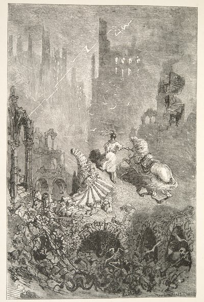 Pád hradu krále Pellamse, z Příběhů dnů krále Artuše od Charlese Henryho Hansona, pub.1898 od Gustave Dore