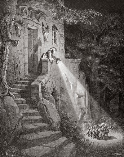 The Dwelling of the Ogre, vyrytý Heliodorem Josephem Pisanem (1822-90) kolem roku 1868 od Gustave Dore