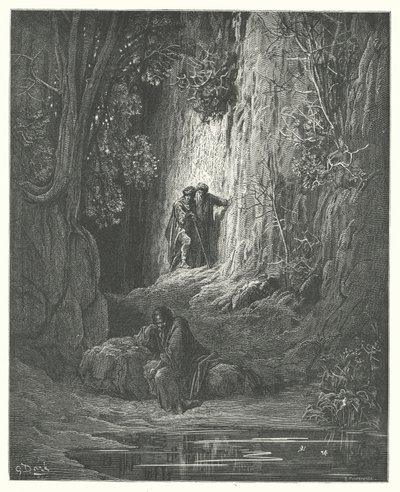 La Fontainovy bajky: (rytina): Rozhodčí, almužník a poustevník od Gustave Dore