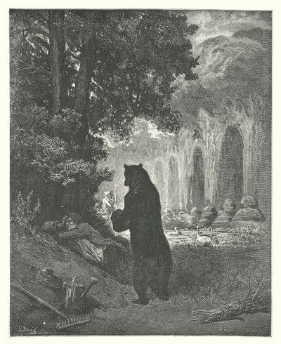 La Fontainovy bajky: (rytina): Medvěd a zahradnický amatér od Gustave Dore
