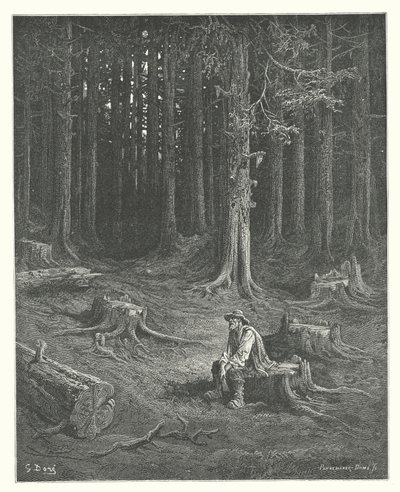 La Fontainovy bajky: Les a lesní muž (rytina) od Gustave Dore