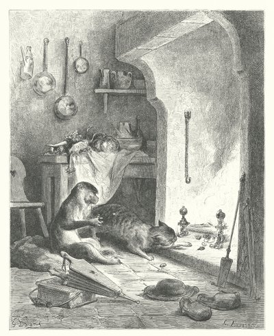 La Fontainovy bajky: Opice a kocour (rytina) od Gustave Dore