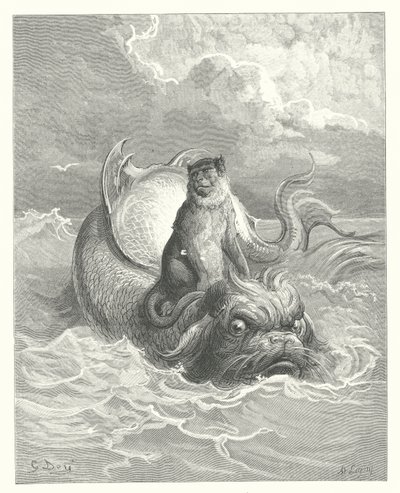 La Fontainovy bajky: (rytina): Opice a delfín od Gustave Dore