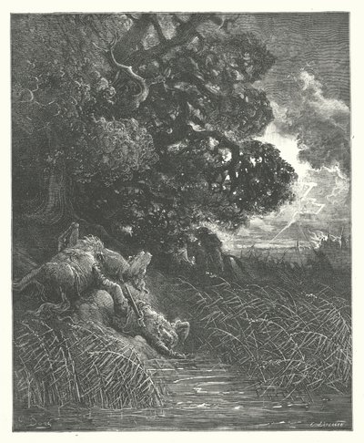 La Fontainovy bajky: Dub a rákos (rytina) od Gustave Dore