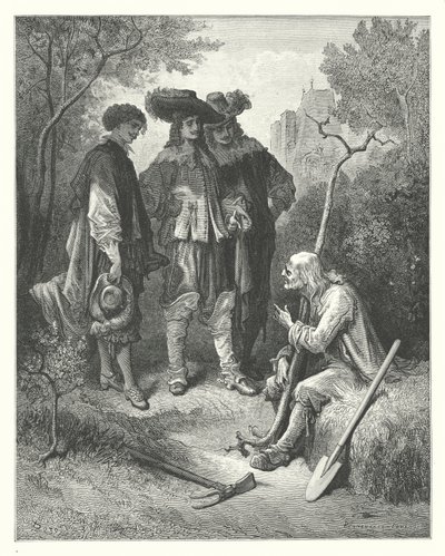 La Fontainovy bajky: (rytina): Stařec a tři mladí muži od Gustave Dore