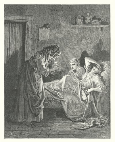 La Fontainovy bajky: (rytina): Stará žena a její sluhové od Gustave Dore