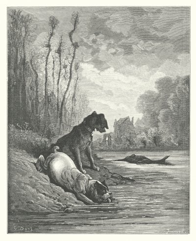 La Fontainovy bajky: (rytina): Dva psi a mrtvý osel od Gustave Dore