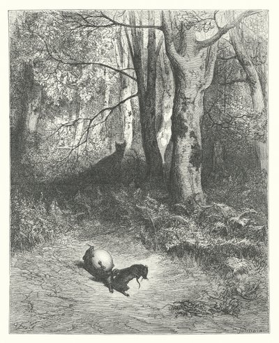 La Fontainovy bajky: (rytina): Dvě krysy, liška a vejce. od Gustave Dore