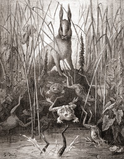 Zajíc a žáby z vydání La Fontainových bajek z konce 19. století (dřevoryt) od Gustave Dore